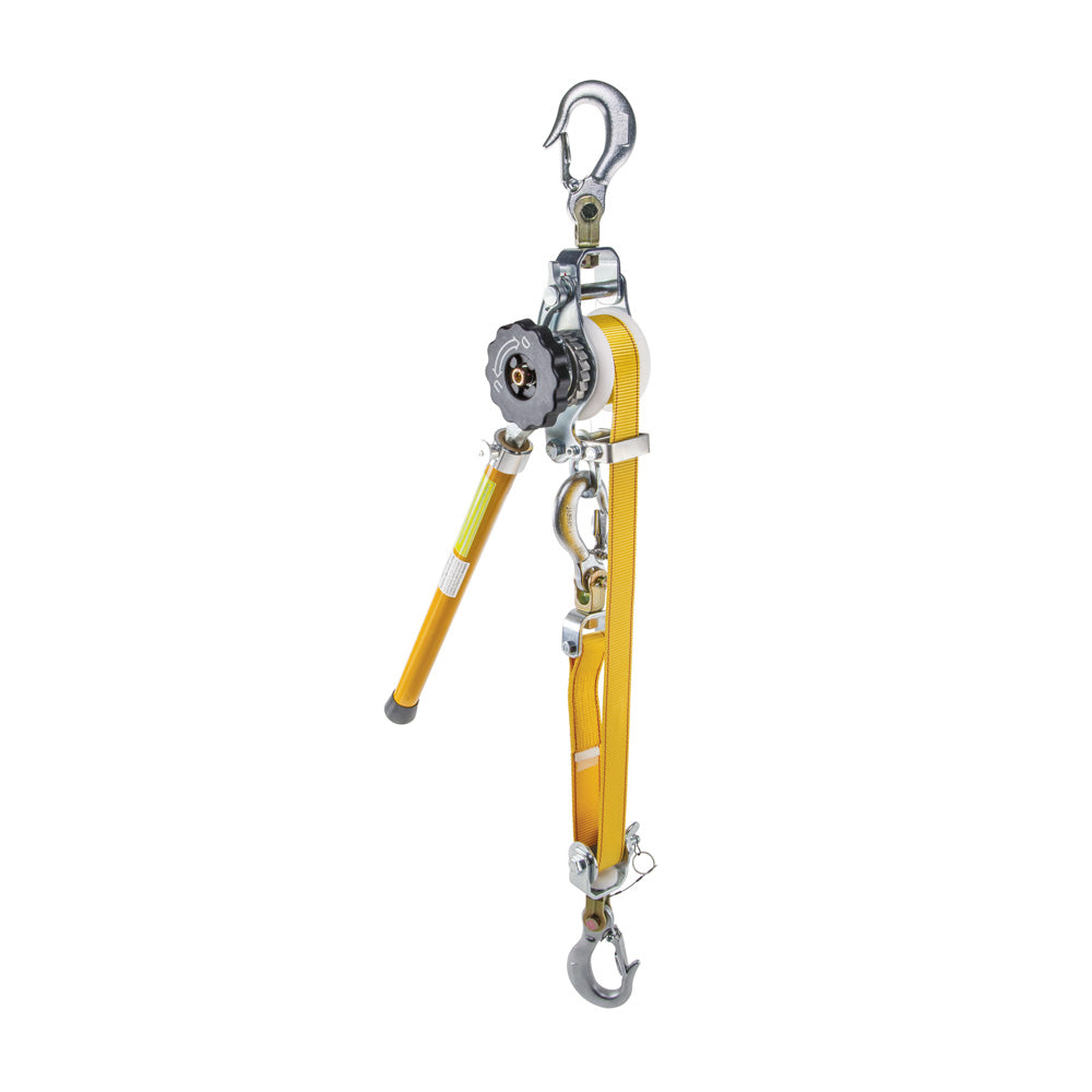 Lever-operated cable puller with a yellow web strap, metal ratcheting mechanism, and steel hooks at both ends. The industrial lifting and tensioning tool is shown against a light gray background.