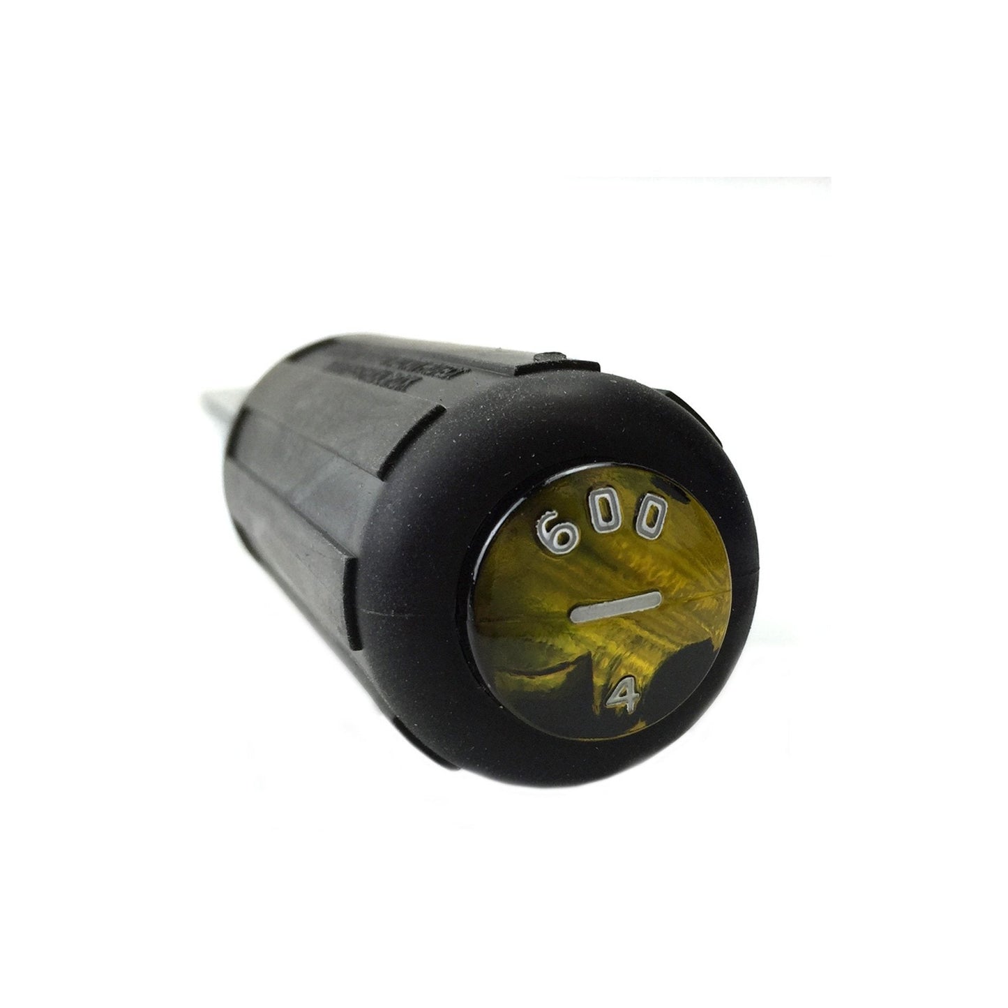 Black cylindrical handle with a circular component displaying '600' and '4' on a white background