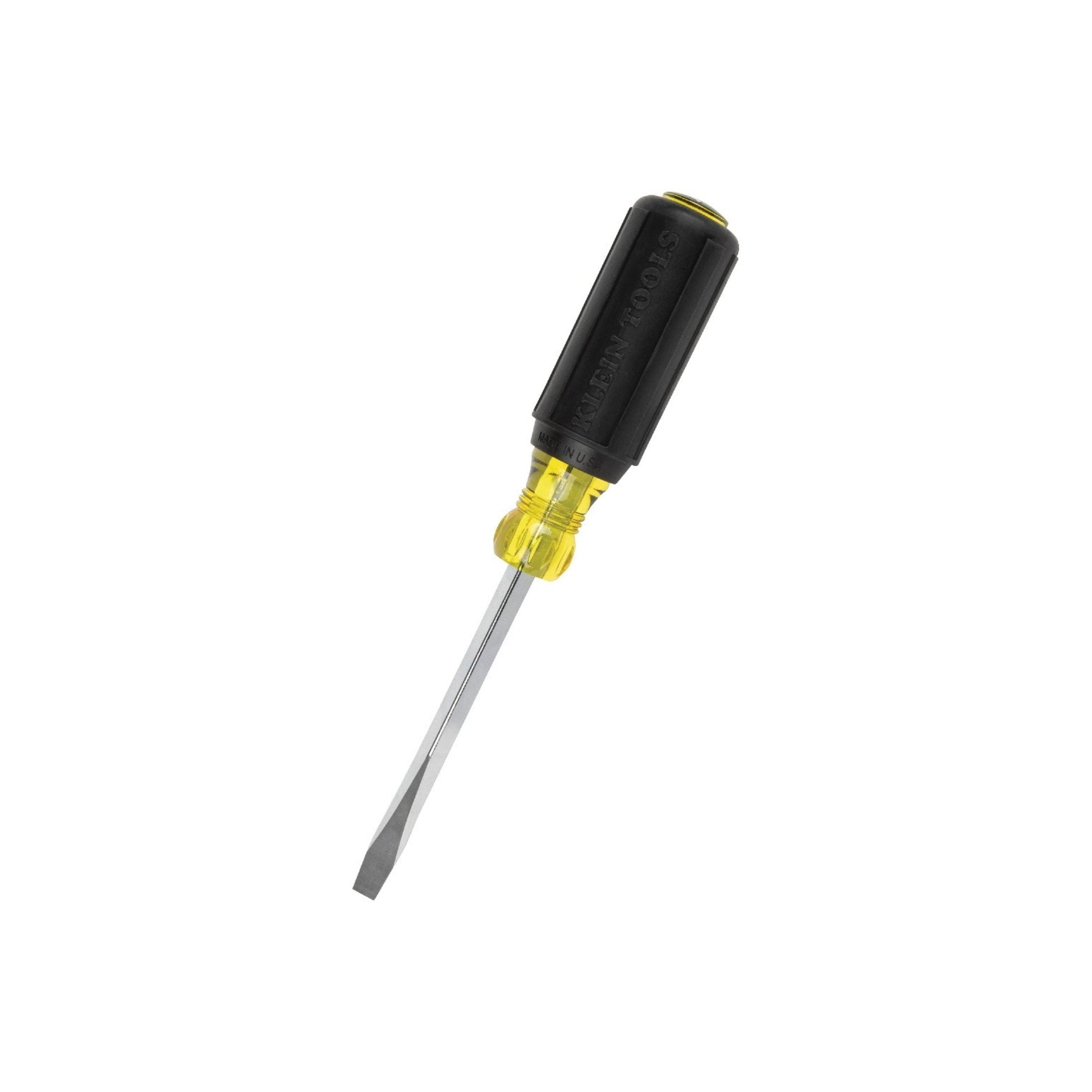 Screwdriver with black handle and yellow head on a white background