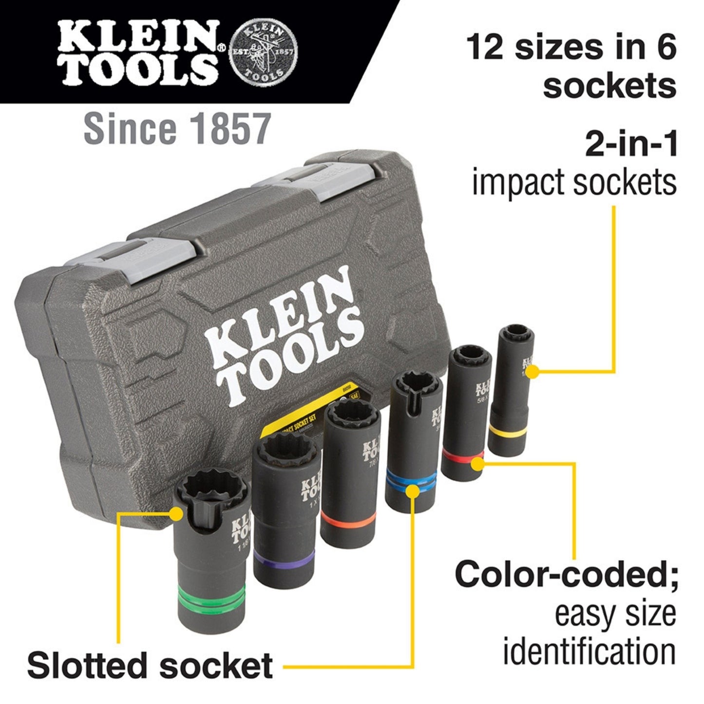 Klein Tools 2-in-1 Slotted Impact Socket Set, 12-Point, 6-Piece