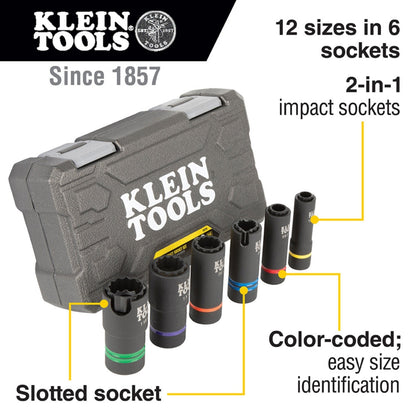 Klein Tools 2-in-1 Slotted Impact Socket Set, 12-Point, 6-Piece