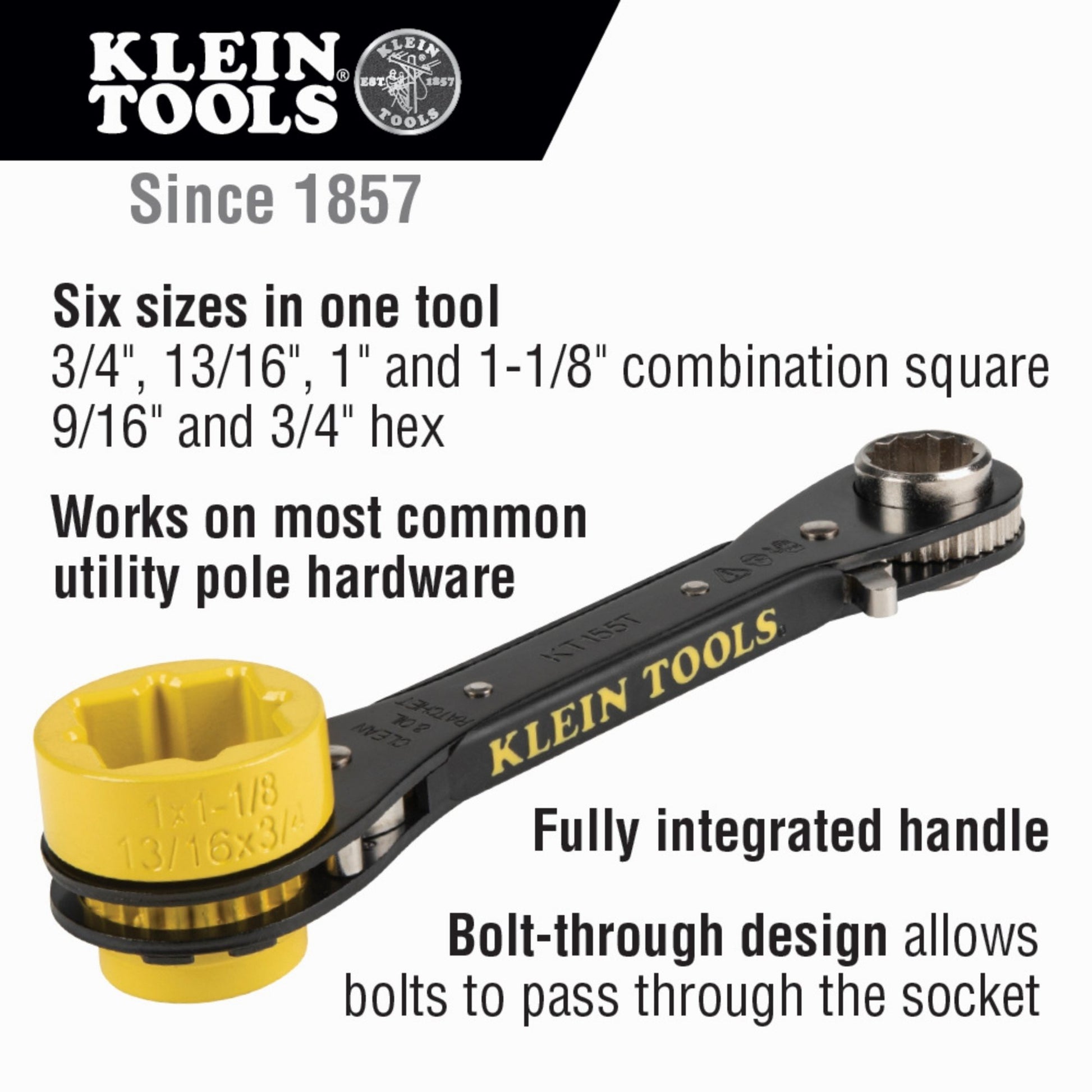 Klein Tools - Ratcheting Wrench infographic highlighting key features. 