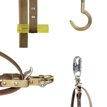 Close-up of a safety harness with various components on a white background