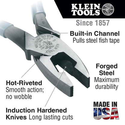 Klein Tools - Lineman's Fish Tape Pulling Pliers, 9-Inch infographic