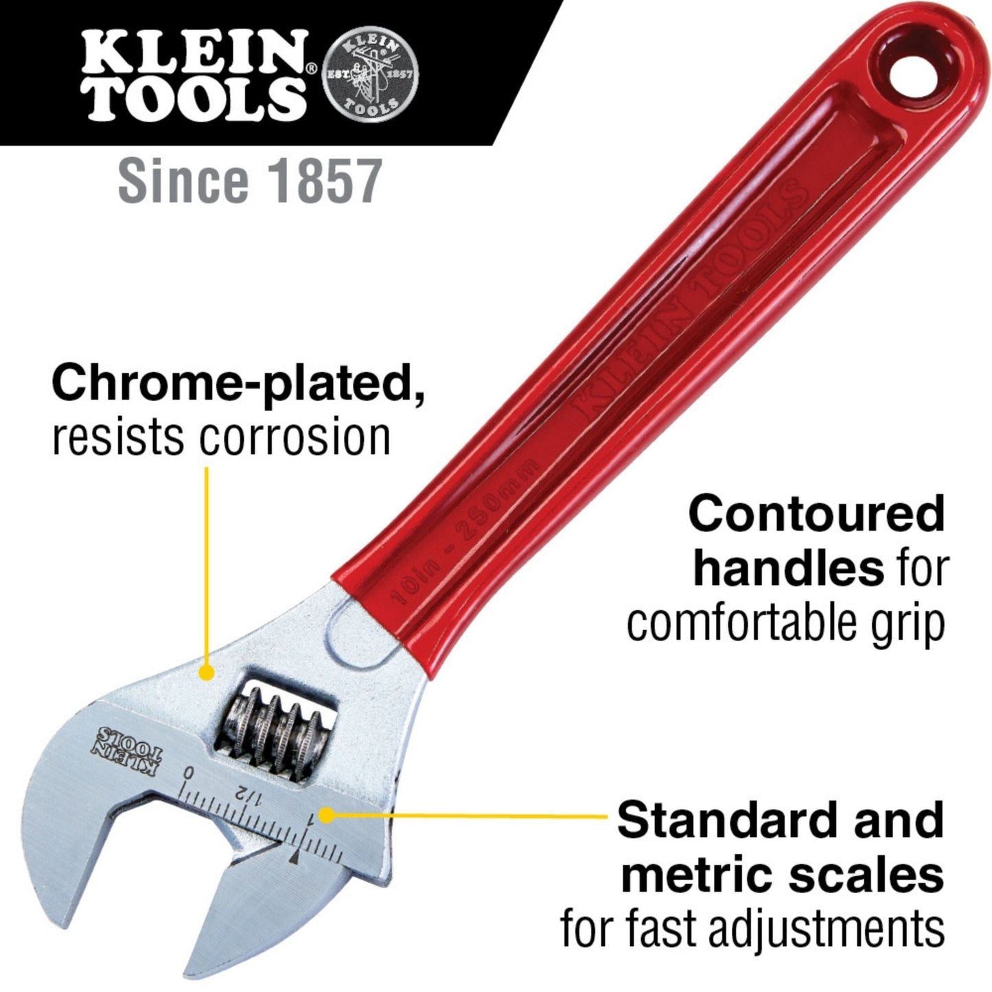 Red adjustable wrench with features highlighted on a white background, featuring Klein Tools branding.