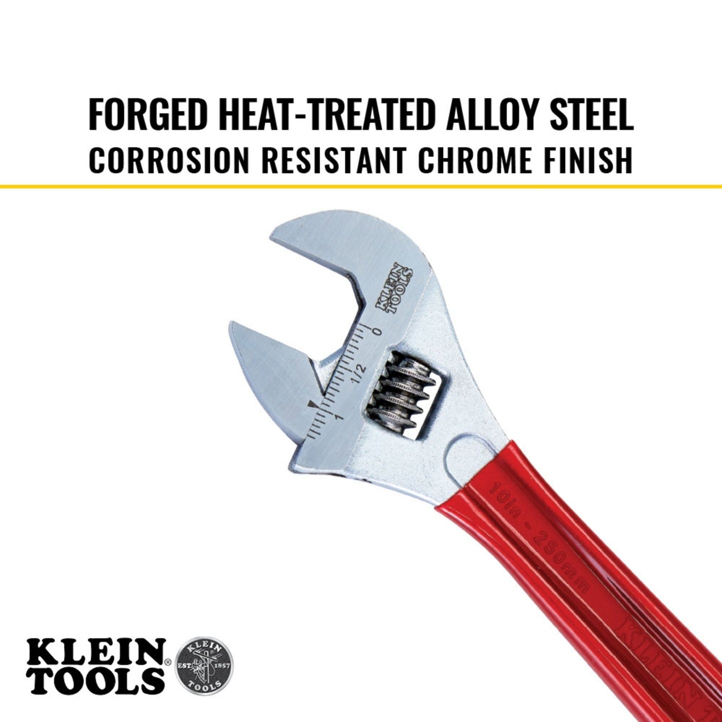 Klein Tools adjustable wrench with red handle on a white background