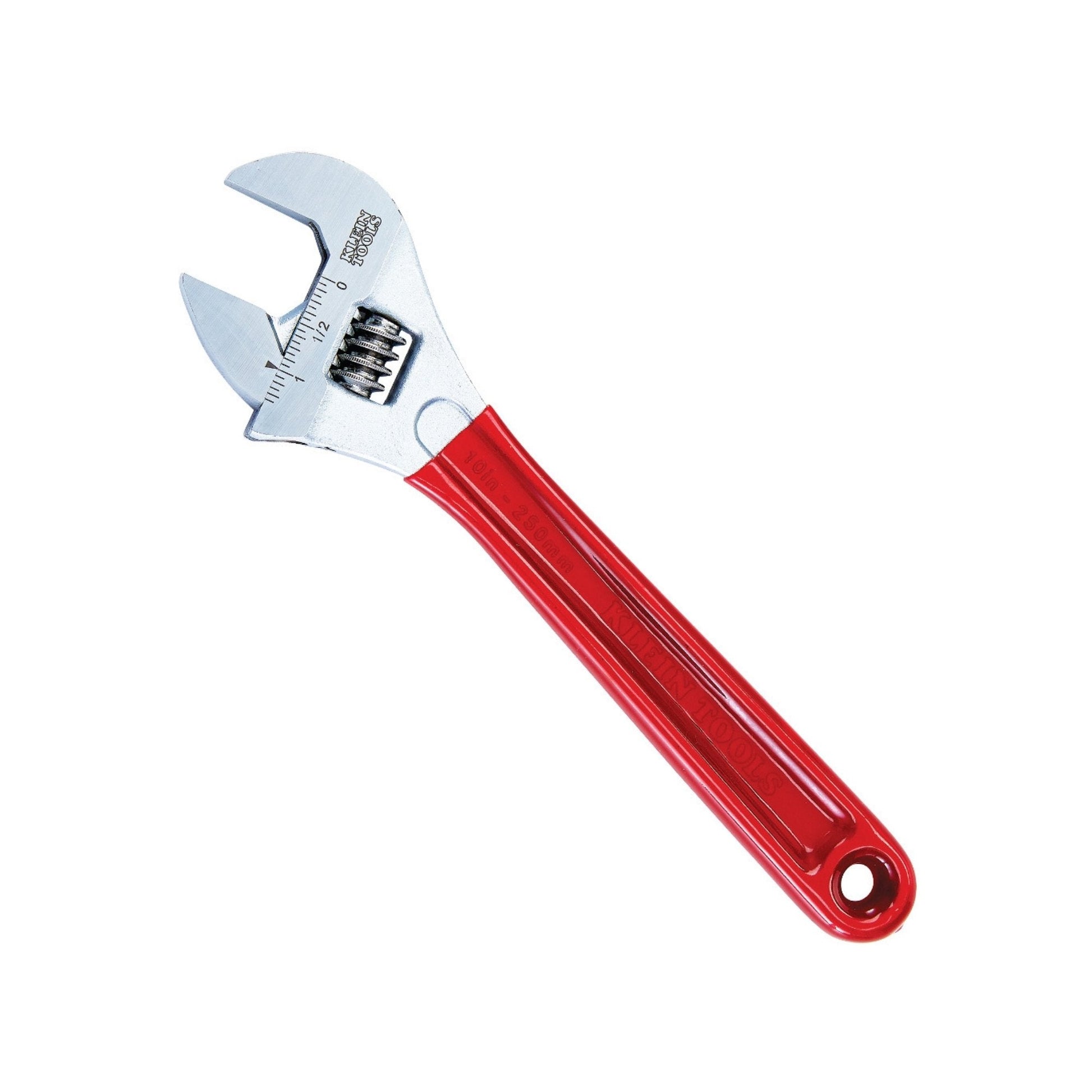 Adjustable wrench with red handle on a white background