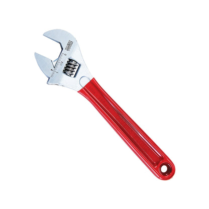 Adjustable wrench with red handle on a white background