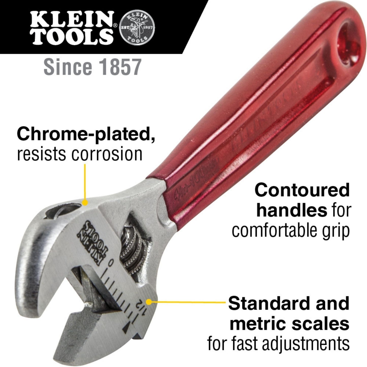Klein Tools adjustable wrench with features highlighted on a white background