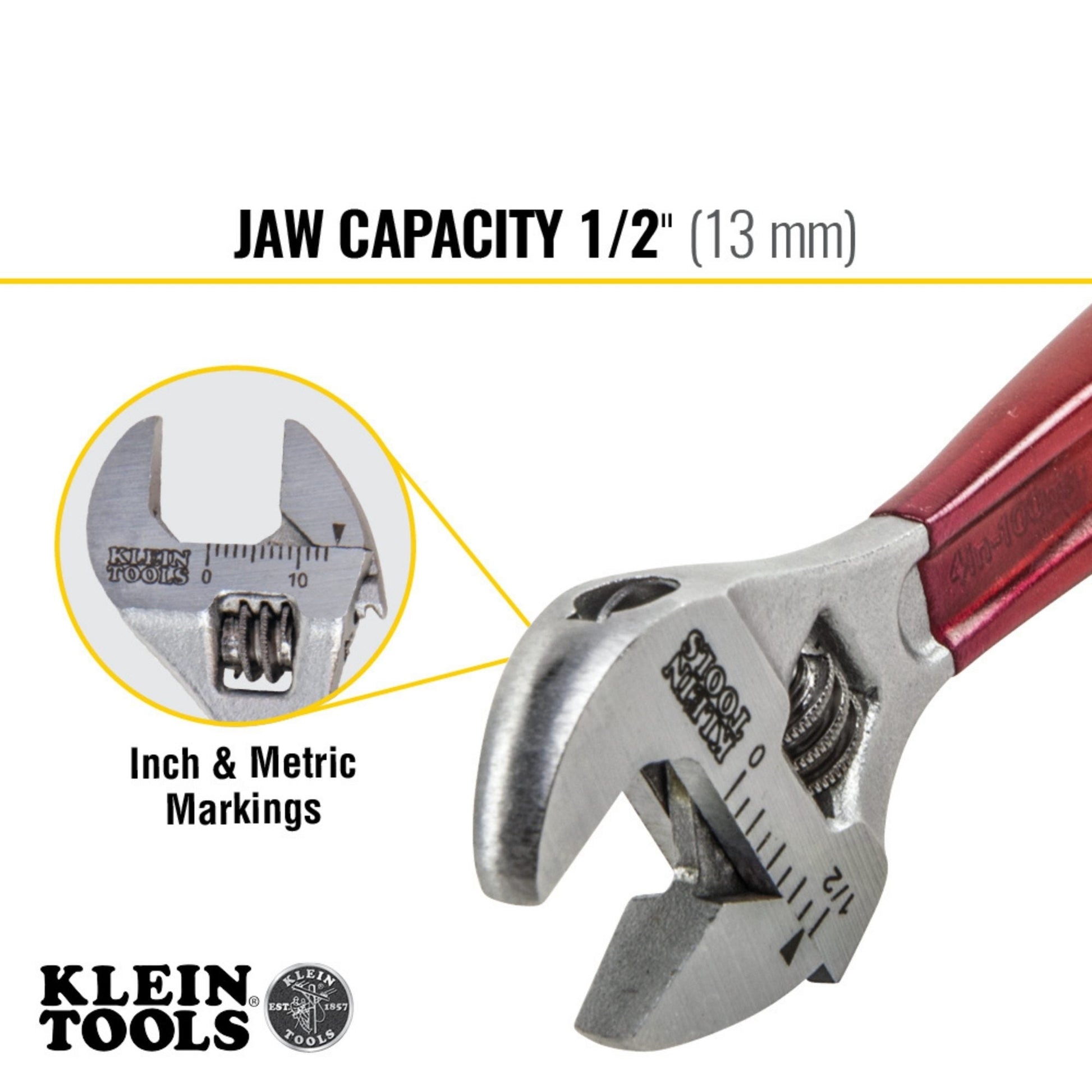 Klein Tools adjustable wrench with jaw capacity 1/2" (13 mm) and inch & metric markings.