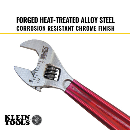 Adjustable wrench with red handle and Klein Tools branding on a white background