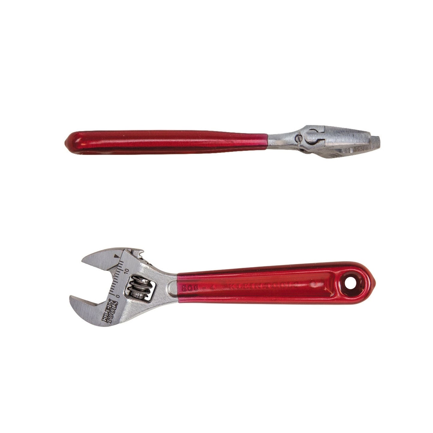 Two red adjustable wrenches on a white background