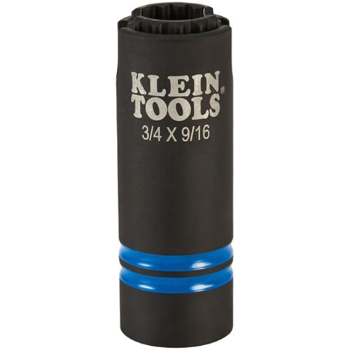 Black deep impact socket with a 12-point opening, displayed upright against a light gray background. The socket features two blue identification rings near the base and white printed markings reading “KLEIN TOOLS” and “3/4 X 9/16” on the side.