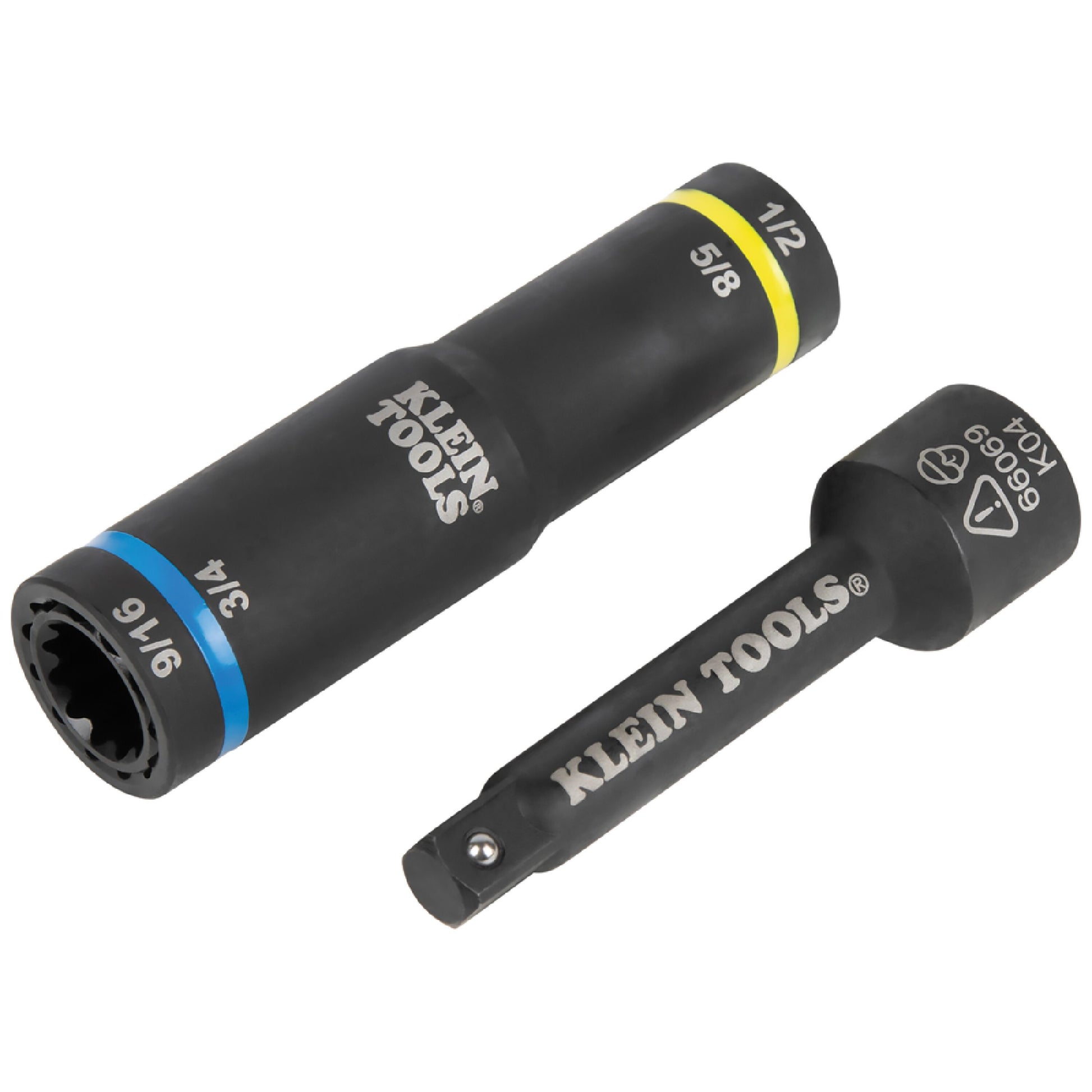 Klein Tools impact socket and socket adapter set displayed on a light gray background. The image shows a black 1/2-inch drive impact socket with size markings including 9/16 inch and 5/8 inch, alongside a matching black socket adapter extension, both labeled with the Klein Tools logo.