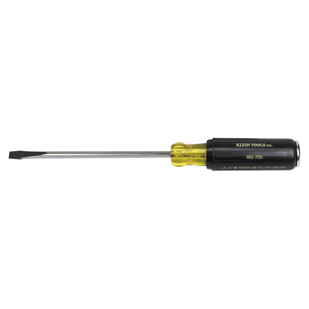 Flat-head screwdriver with a long steel shaft, black cushion-grip handle, and translucent yellow collar near the shaft. The handle is labeled