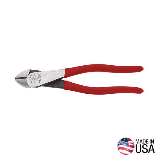 Side-cutting pliers with polished steel jaws and red ergonomic handles, shown in a closed position against a light gray background. The tool is oriented horizontally, with manufacturer markings visible on the metal head.