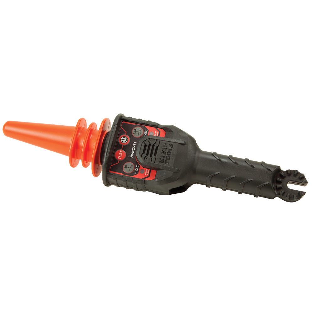 Handheld non-contact voltage tester with a black ergonomic handle and bright orange insulated cone-shaped probe tip, displayed on a light gray background. The tester features a power/test button, voltage indicator markings, and Klein Tools branding on the housing. Designed for detecting the presence of AC voltage in electrical systems.