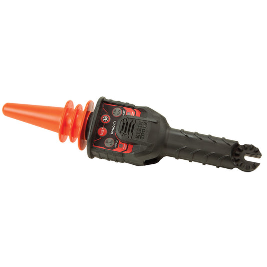 Handheld non-contact voltage tester with a black ergonomic handle and bright orange insulated cone-shaped probe tip, displayed on a light gray background. The tester features a power/test button, voltage indicator markings, and Klein Tools branding on the housing. Designed for detecting the presence of AC voltage in electrical systems.