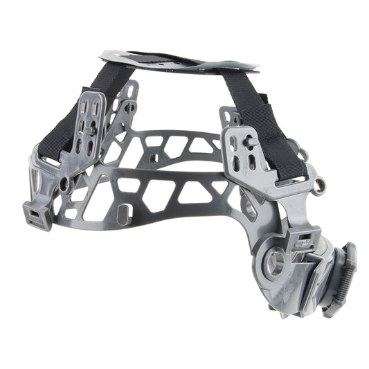 Gray industrial safety helmet suspension system displayed on a light gray background. The assembly features a lightweight gray plastic framework with multiple vented support bands and black adjustable webbing straps across the top. Attachment points and adjustment mechanisms are visible on both sides, along with a rear ratchet-style size adjustment dial for a secure fit. The suspension is designed to fit inside a hard hat, providing head support, impact absorption, and customizable sizing for workplace safe