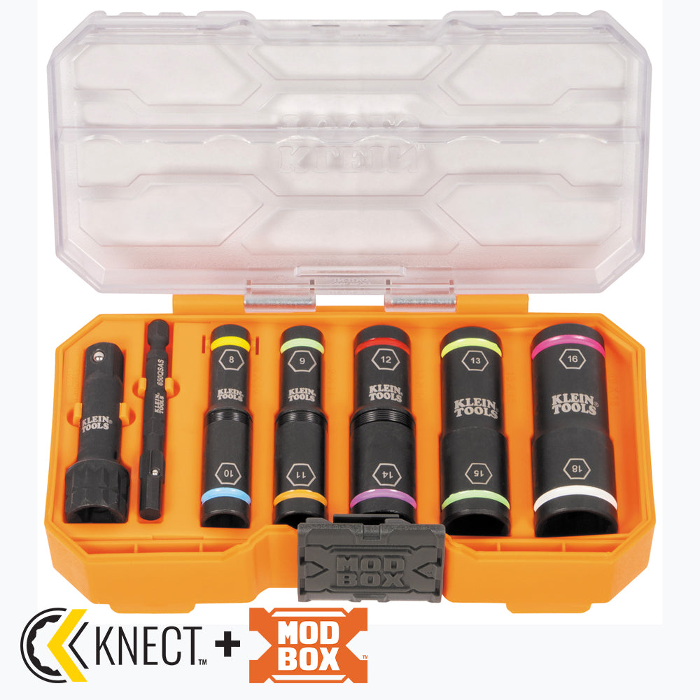 Open orange MODbox storage case containing a color-coded impact socket set and adapter, displayed against a light gray background. The set includes multiple black deep sockets labeled with sizes 8, 9, 10, 11, 12, 13, 14, 15, 16, and 18, along with a socket adapter and extension piece. The case features a translucent lid, and the "KNECT + MODBOX" branding appears below the case.
