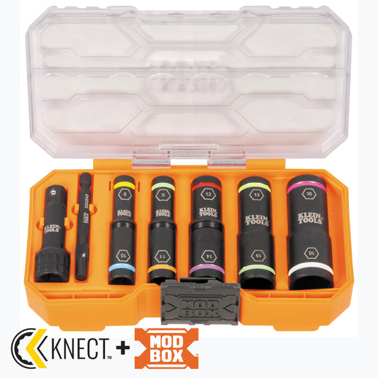 Open orange MODbox storage case containing a color-coded impact socket set and adapter, displayed against a light gray background. The set includes multiple black deep sockets labeled with sizes 8, 9, 10, 11, 12, 13, 14, 15, 16, and 18, along with a socket adapter and extension piece. The case features a translucent lid, and the "KNECT + MODBOX" branding appears below the case.