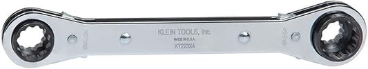 Klein Tools reversible ratcheting box wrench with dual offset heads and chrome-finished steel construction. The wrench features twelve-point box ends of different sizes on each side and is shown horizontally on a white background. Visible markings include “KLEIN TOOLS, Inc.,” “Made in U.S.A.,” and model number “KT223X4.”