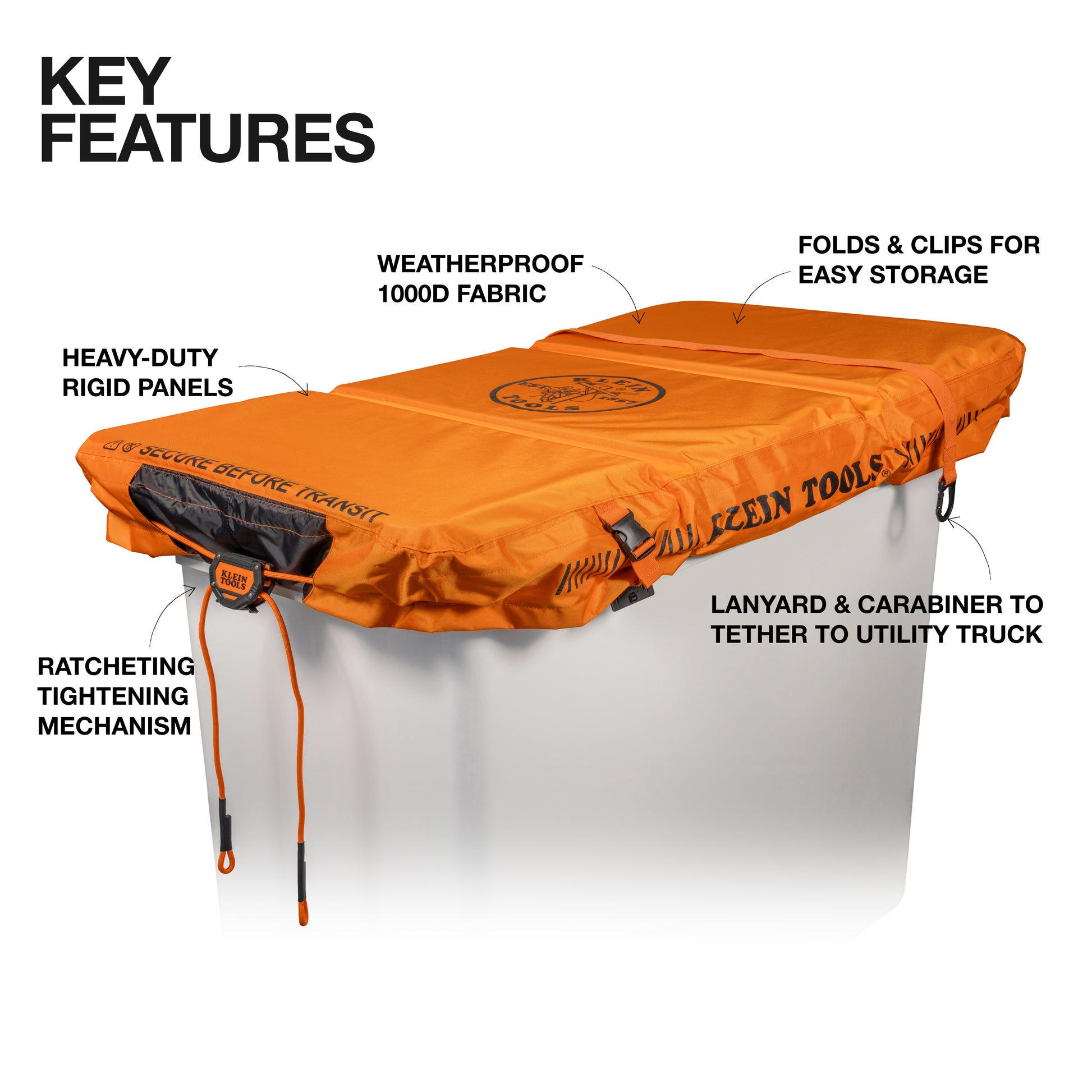 Orange utility truck storage bin cover installed over a white rectangular container. The image includes callouts highlighting key features: heavy-duty rigid panels, weatherproof 1000D fabric, a ratcheting tightening mechanism, fold-and-clip storage capability, and a lanyard with carabiner for tethering to a utility truck. The cover is branded with the Klein Tools logo and is shown against a light gray background.