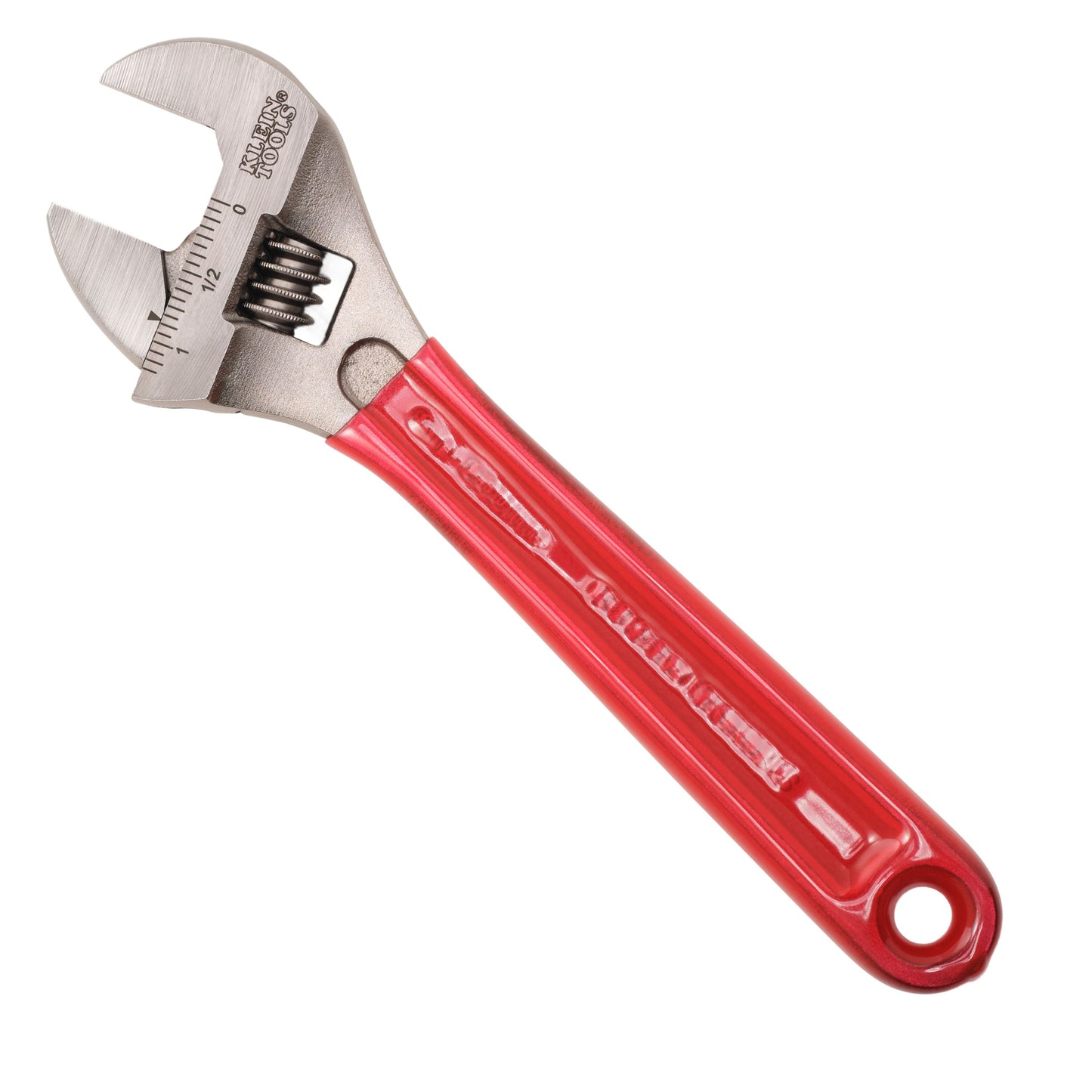 Close-up product image of an adjustable wrench with a silver metal head and a red handle. The wrench features a movable jaw with measurement markings and an adjustment screw, shown against a plain light gray background.