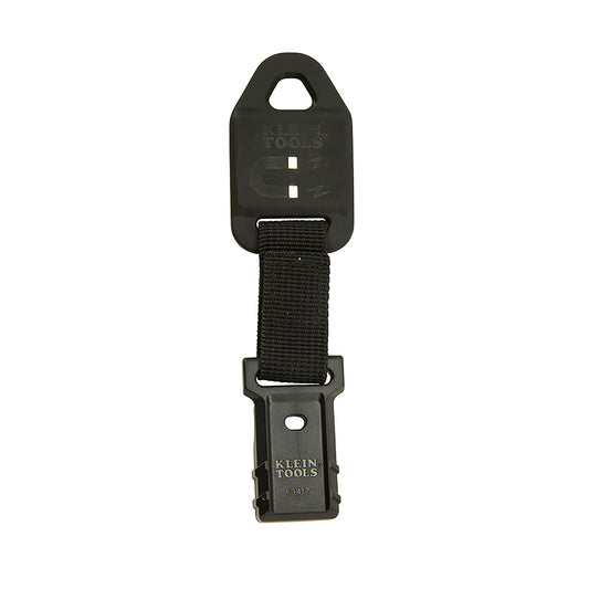 Klein Tools magnetic tool holder featuring a black molded mounting tab with a hanging hole, a woven nylon strap, and a lower plastic clip attachment. The upper section displays a magnet icon and Klein Tools branding, while the lower clip is marked with the Klein Tools logo and model number 69417. Shown isolated on a light gray background.