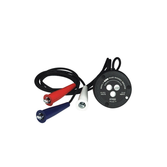 Electrical measurement device with red, black, and white probes on a white background