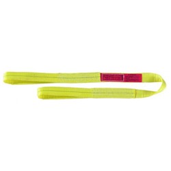 High-visibility yellow synthetic web sling formed into a continuous loop. The sling features reinforced stitched ends and a red identification label sewn near one end. The lifting strap is displayed flat against a light gray background and is designed for rigging, lifting, or material handling applications.