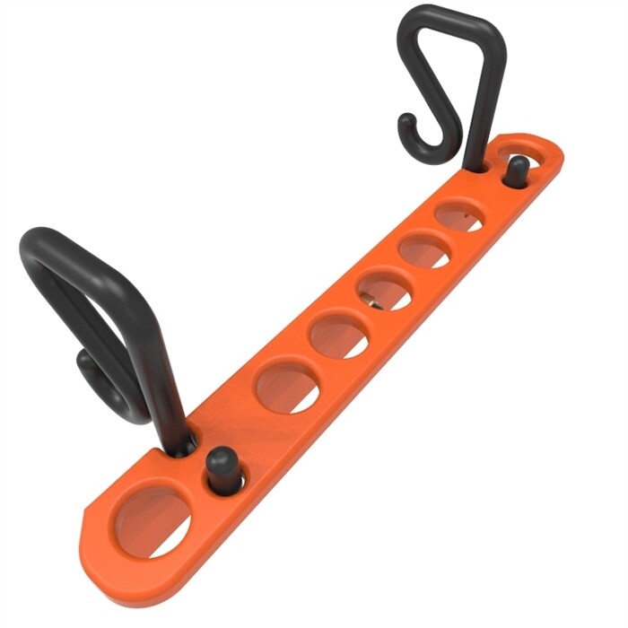 Orange rectangular organizer rack with multiple circular holes along the center and black hook-shaped supports mounted at both ends. The product is shown at an angle on a plain light gray background, highlighting its sturdy plastic and metal construction.