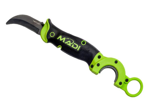 MADI utility cutting tool with a curved black hooked blade and a black-and-lime-green ergonomic handle. The handle features finger grooves, visible fasteners, and a ring-style grip at the end for secure handling. The blade is partially enclosed by a protective guard and is designed for cutting rope, line, or similar materials. The tool is shown against a light gray background.