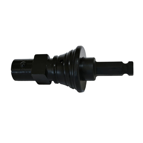 Black metal drill-driven hole saw arbor with a hex shank, threaded mounting end, and circular flange, shown horizontally against a light gray background. The adapter is used to attach a hole saw to a power drill.