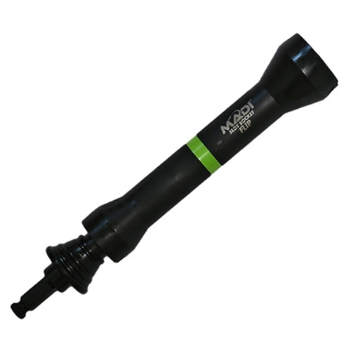 Black handheld inspection mirror tool with a long handle, green accent band, and an adjustable mirror head at one end, shown diagonally against a light gray background. Visible branding text appears on the handle.