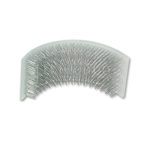 Curved wire brush head with dense metal bristles and a translucent plastic backing.