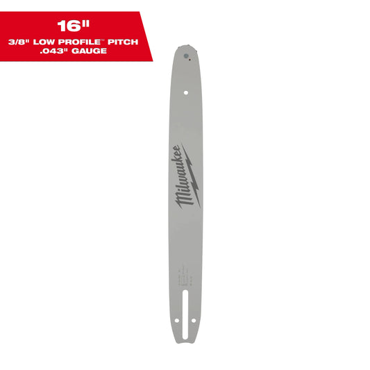 Gray chainsaw guide bar displayed vertically on a light gray background. The guide bar features the Milwaukee logo and lightning bolt graphic printed in dark gray along the center. Several mounting and lubrication holes are visible near both ends of the bar. In the upper-left corner, a red label contains the text: “16" 3/8" Low Profile™ Pitch .043" Gauge.” The slim guide bar is shown front-facing, highlighting its elongated shape and mounting slot near the base.
