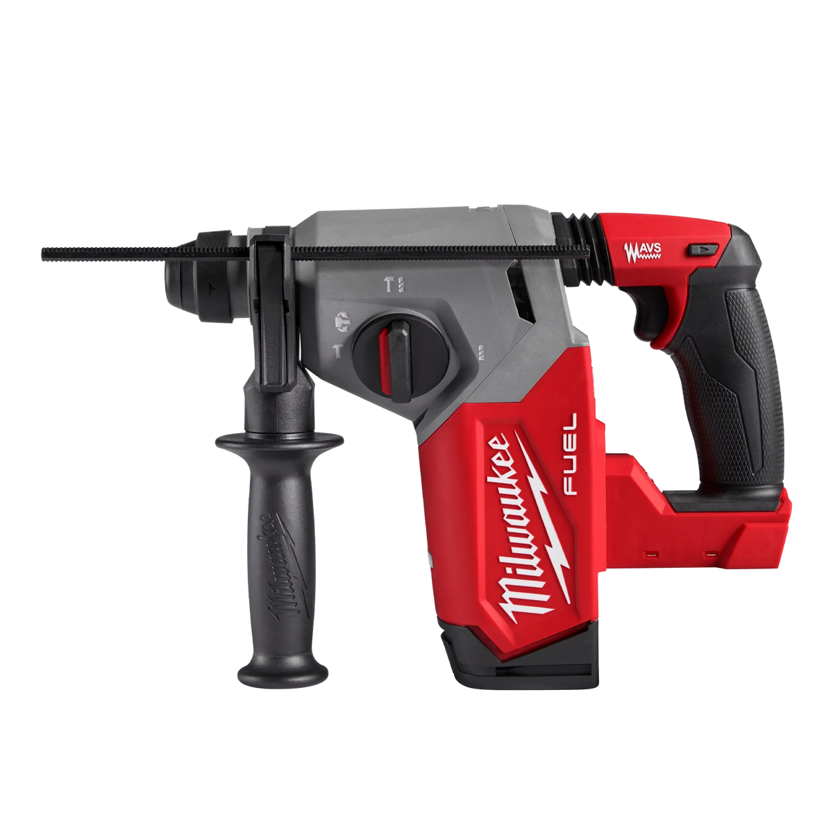 Milwaukee cordless rotary hammer drill displayed in a side profile on a transparent checkered background. The power tool features a red and gray housing with black accents, an ergonomic pistol-grip handle, and a black auxiliary side handle mounted near the front. A long SDS-style drill bit extends horizontally from the chuck. Visible branding includes the white Milwaukee logo with lightning bolt graphic on the side and the word “FUEL” printed vertically on the red housing. 