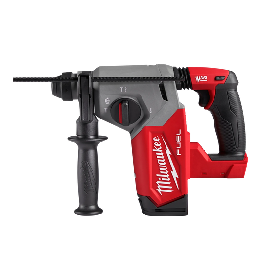 Milwaukee cordless rotary hammer drill displayed in a side profile on a transparent checkered background. The power tool features a red and gray housing with black accents, an ergonomic pistol-grip handle, and a black auxiliary side handle mounted near the front. A long SDS-style drill bit extends horizontally from the chuck. Visible branding includes the white Milwaukee logo with lightning bolt graphic on the side and the word “FUEL” printed vertically on the red housing. 