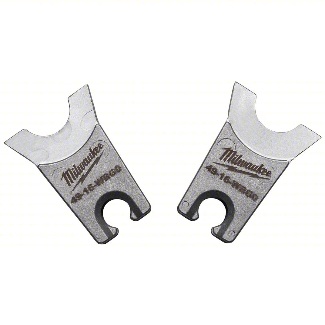 Two gray metal wrench inserts displayed side by side on a light gray background. Each insert has a wide open-end wrench head and a hook-shaped attachment point, with the Milwaukee logo and model number “49-16-WB60” printed on the body.
