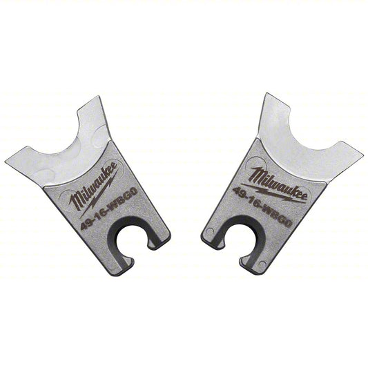 Two gray metal wrench inserts displayed side by side on a light gray background. Each insert has a wide open-end wrench head and a hook-shaped attachment point, with the Milwaukee logo and model number “49-16-WB60” printed on the body.