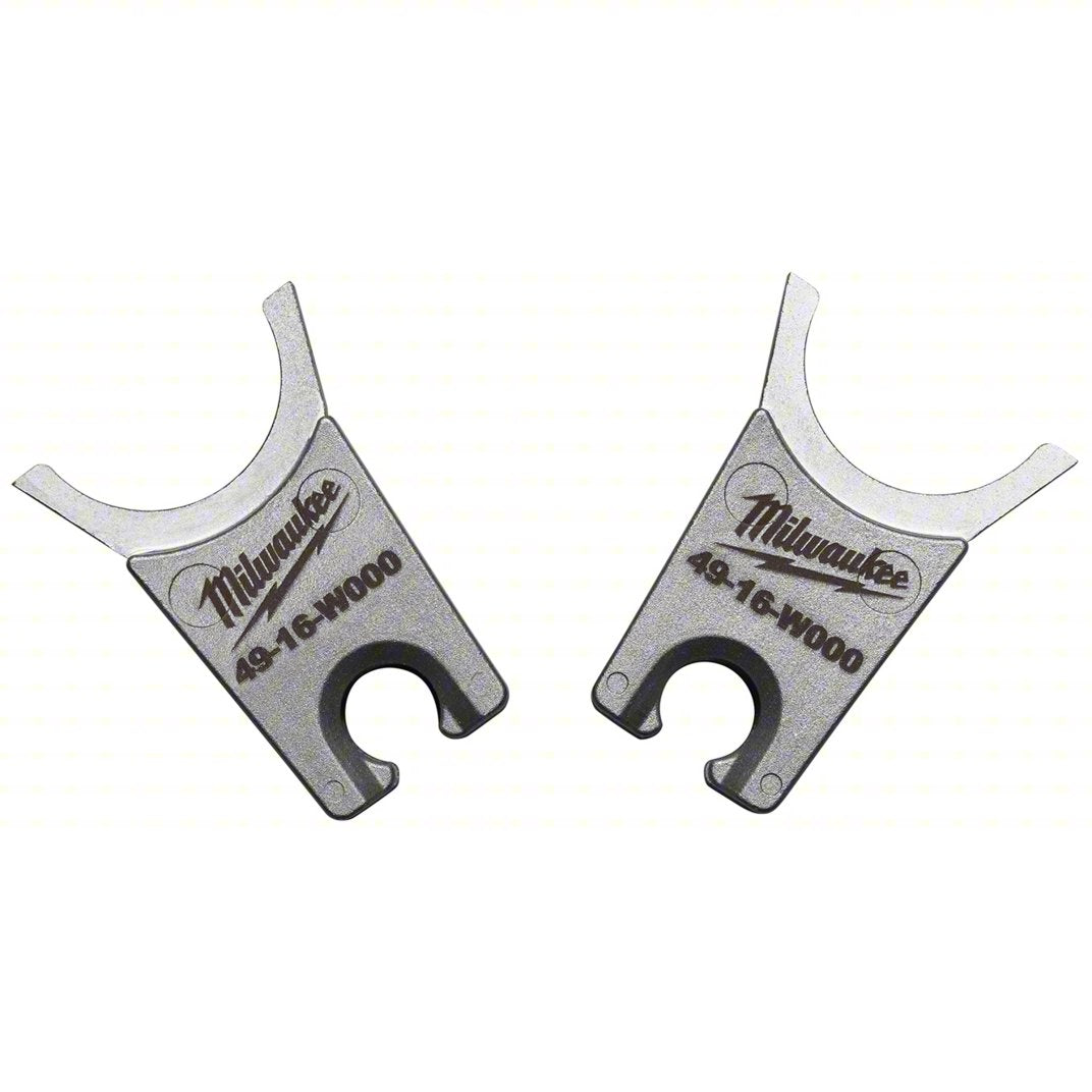 Two gray metal open-end wrench inserts displayed side by side on a light gray background. Each wrench features a semicircular open jaw on one end and a hook-shaped opening on the other, with the Milwaukee logo and model number “49-16-W000” printed on the surface.