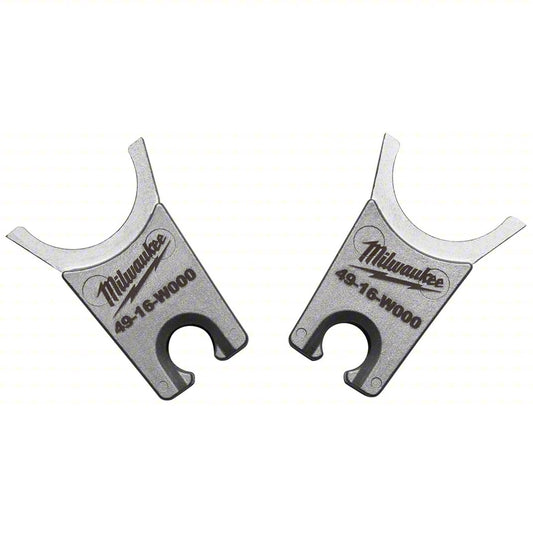 Two gray metal open-end wrench inserts displayed side by side on a light gray background. Each wrench features a semicircular open jaw on one end and a hook-shaped opening on the other, with the Milwaukee logo and model number “49-16-W000” printed on the surface.