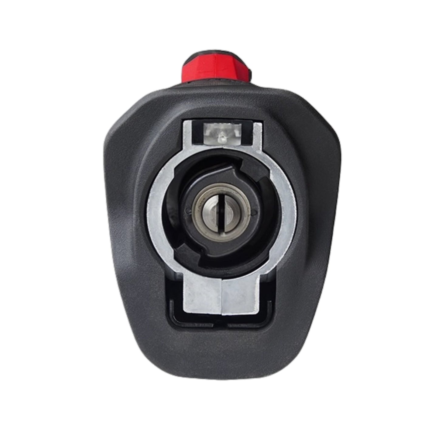 Black and red mechanical component on a white background. Front facing view of tip of saw. 