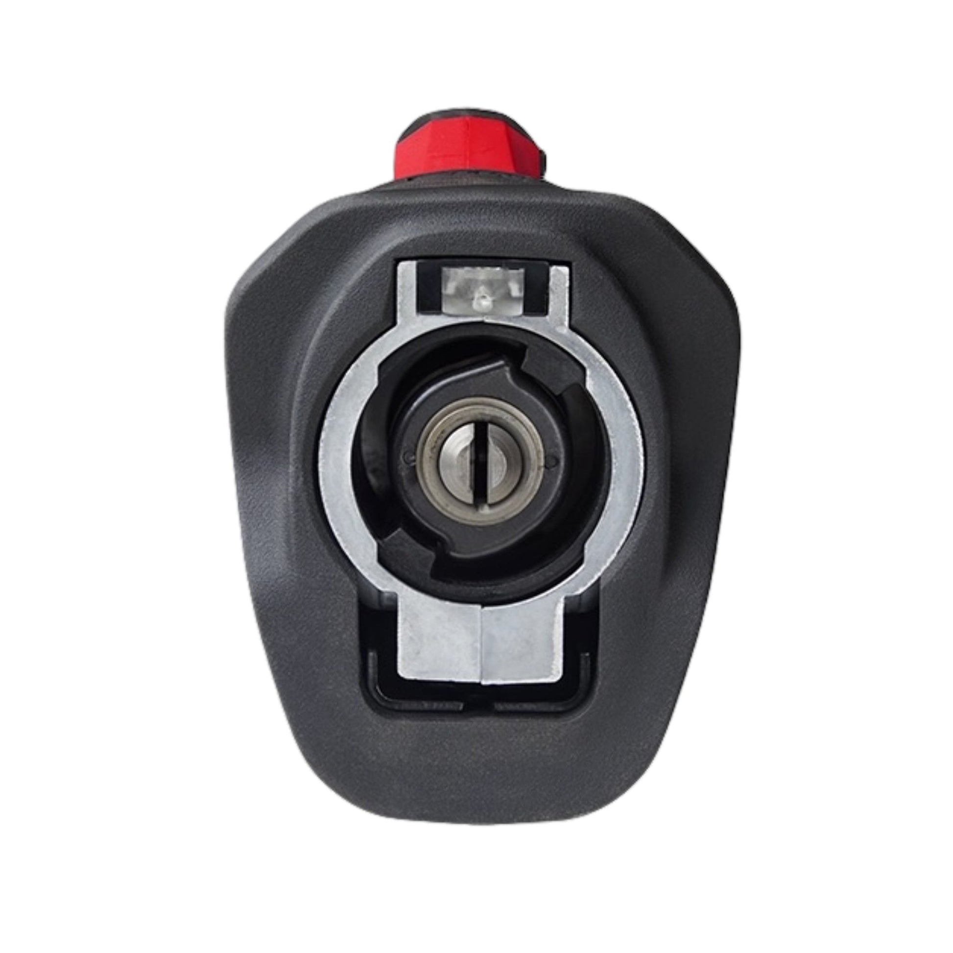 Black and red mechanical component on a white background. Front facing view of tip of saw. 