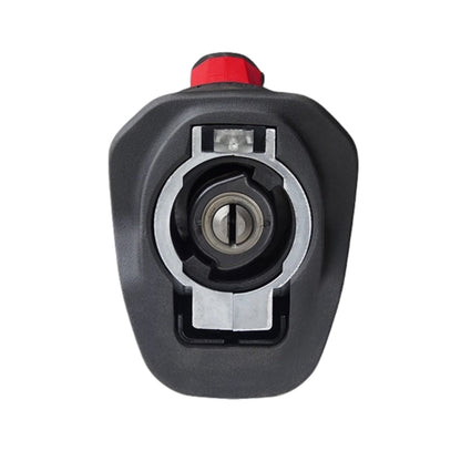 Black and red mechanical component on a white background. Front facing view of tip of saw. 
