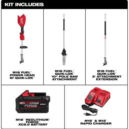 Milwaukee - M18 FUEL™ Pole Saw w/ QUIK-LOK™ Kit and each part that is included in the kit.