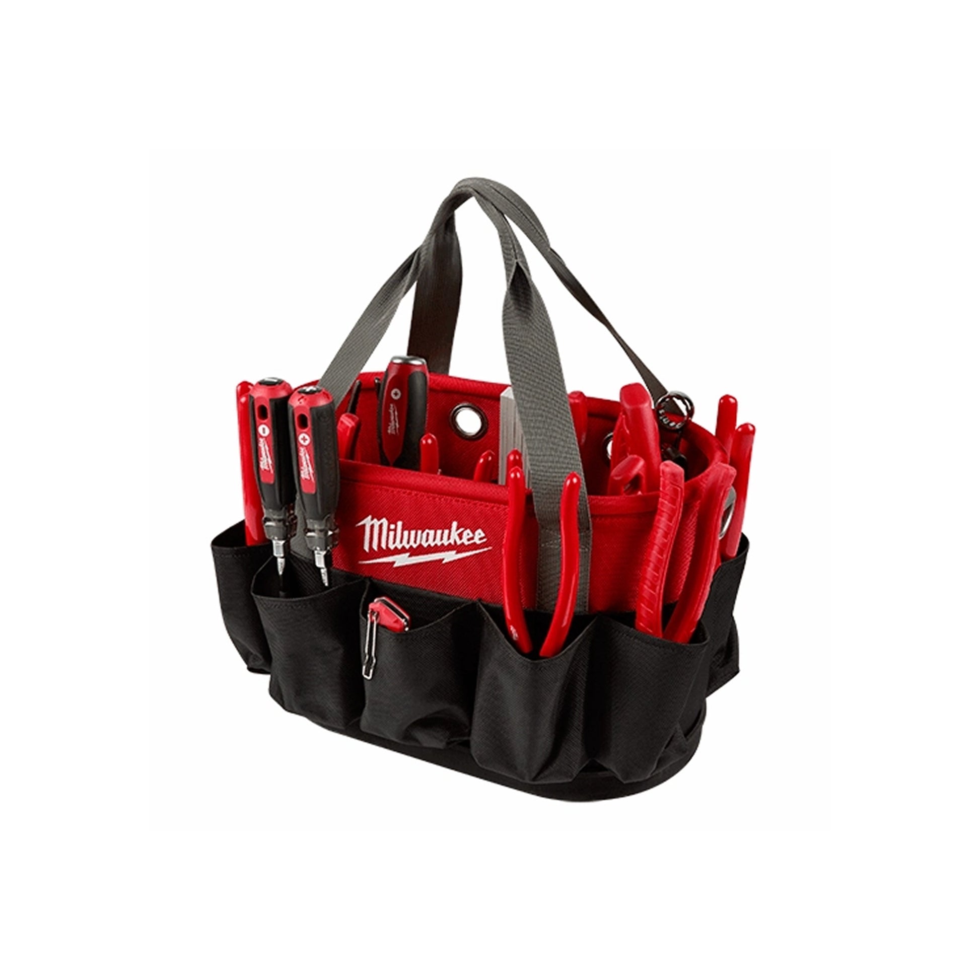 Milwaukee - Underground Oval Bag in action with tools filling all pockets on the bag to show functionality