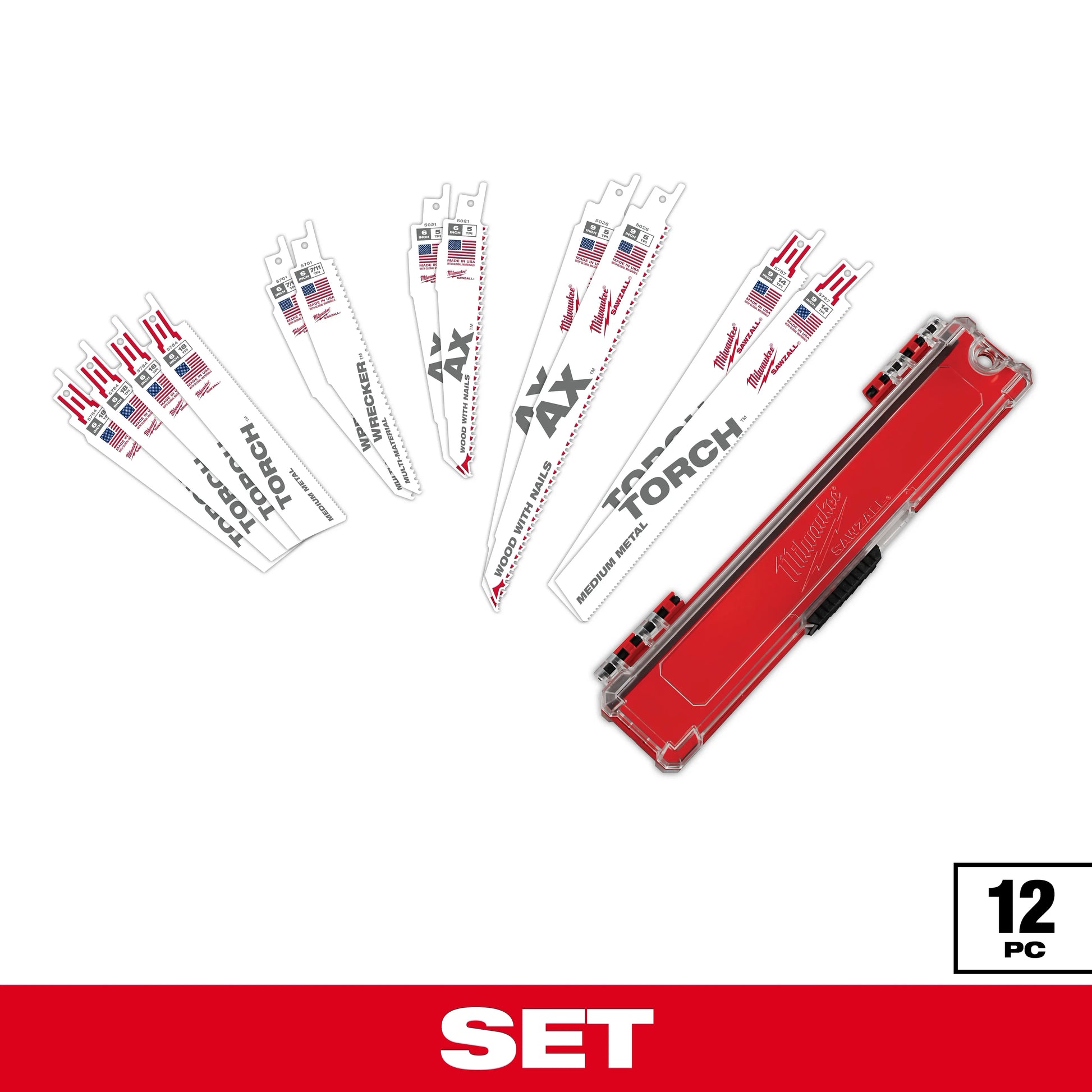 Twelve-piece reciprocating saw blade set featuring assorted blades for wood, metal, and demolition cutting, displayed alongside a red plastic storage case. The blades are arranged in groups by type on a light gray background, with a “12 PC” label shown in the lower-right corner.