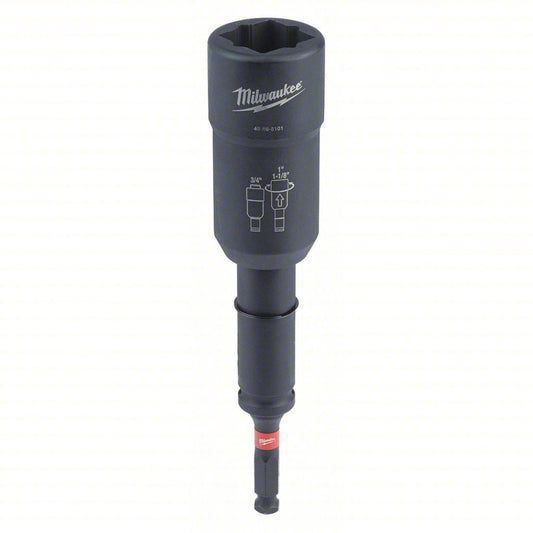 Black Milwaukee impact socket adapter shown on a white background. The tool features a deep socket body with the Milwaukee logo, size markings, and a diagram indicating conversion from a 3/4-inch drive to a 1-inch or 1-1/8-inch hex size. A long extension shaft with a red collar extends from the bottom. Visible model number: 49-66-5101.